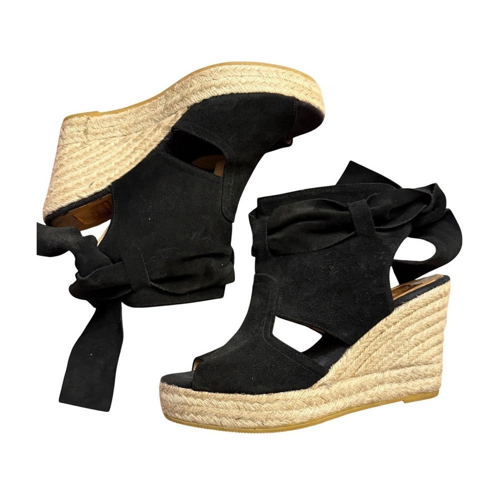 Kanna Black Espadrille Wedge Sandals Tie  Platform Boho Resort Festival Sz 40